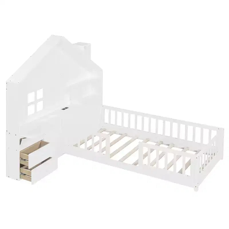 Lit cabane de taille double/complète avec cadre de lit plate-forme avec tiroirs de chevet, étagères, un ensemble de prises et un port USB, blanc-ModernLuxe