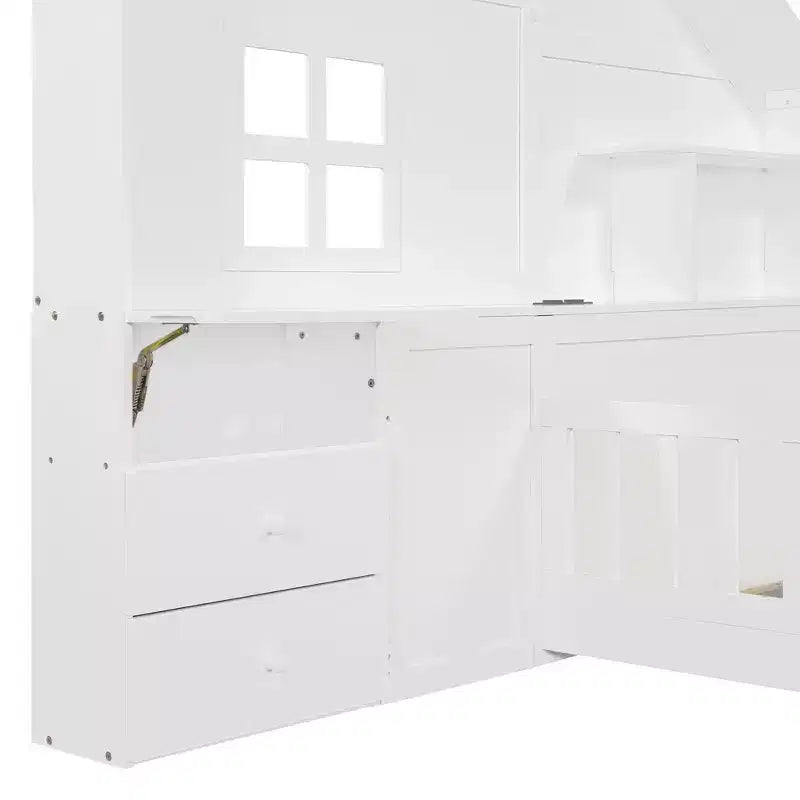 Lit cabane de taille double/complète avec cadre de lit plate-forme avec tiroirs de chevet, étagères, un ensemble de prises et un port USB, blanc-ModernLuxe