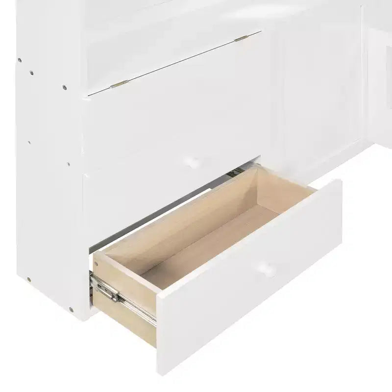 Lit cabane de taille double/complète avec cadre de lit plate-forme avec tiroirs de chevet, étagères, un ensemble de prises et un port USB, blanc-ModernLuxe