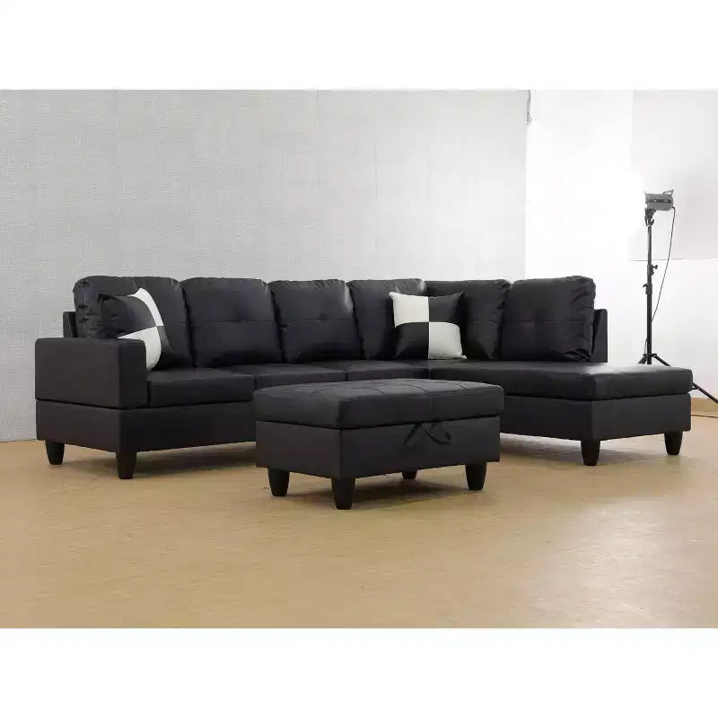 Canapé d'angle contemporain en cuir noir
