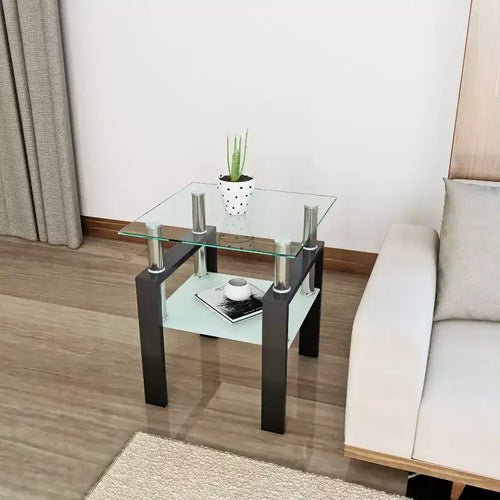 Table basse d'appoint carrée moderne en verre trempé 1 pièce, pour salon, transparente/noire