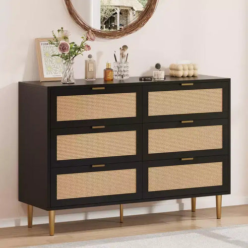 1-Piece PB+MDF Woven Rattan Six-Drawer Cabinet - Rattan Cabinet, Three-Layer Melamine Surface, Six Drawers, Golden Hardware Feet