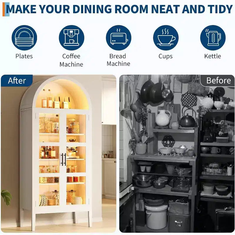 Garde-manger de cuisine voûté de 178 cm avec lumières LED et étagères réglables, étagère voûtée pour cuisine, salle à manger, salon