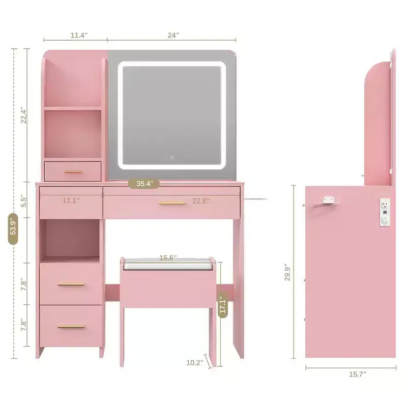 Coiffeuse avec miroir et lumières, coiffeuse à 3 éclairages réglables avec 3 étagères de rangement, 5 grands tiroirs et prise de courant