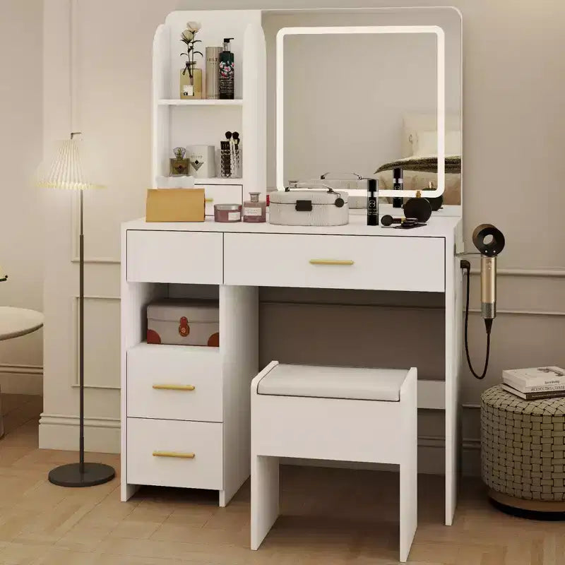 Coiffeuse avec miroir et lumières, coiffeuse à 3 éclairages réglables avec 3 étagères de rangement, 5 grands tiroirs et prise de courant