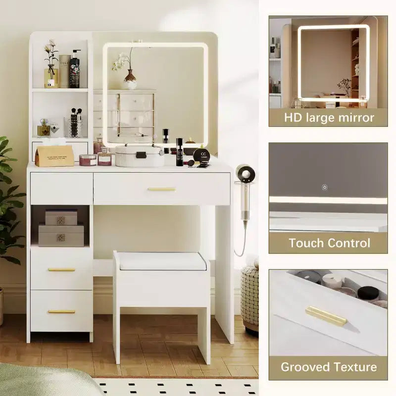 Coiffeuse avec miroir et lumières, coiffeuse à 3 éclairages réglables avec 3 étagères de rangement, 5 grands tiroirs et prise de courant
