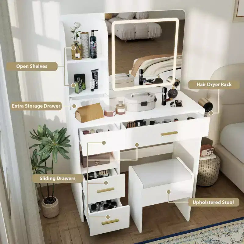 Coiffeuse avec miroir et lumières, coiffeuse à 3 éclairages réglables avec 3 étagères de rangement, 5 grands tiroirs et prise de courant