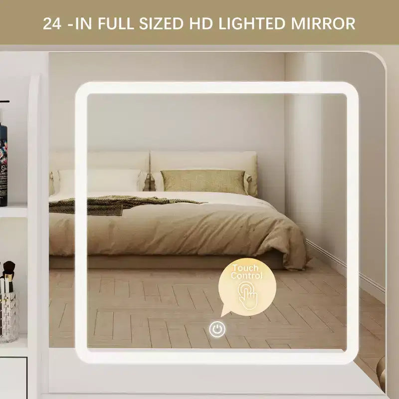 Coiffeuse avec miroir et lumières, coiffeuse à 3 éclairages réglables avec 3 étagères de rangement, 5 grands tiroirs et prise de courant