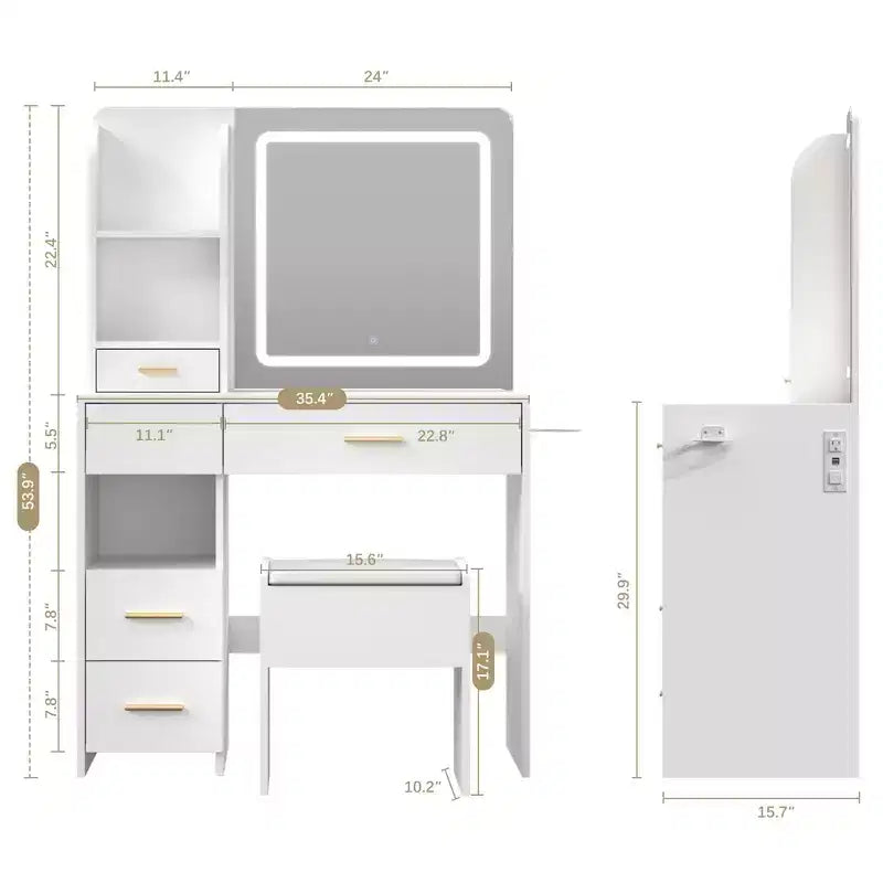 Coiffeuse avec miroir et lumières, coiffeuse à 3 éclairages réglables avec 3 étagères de rangement, 5 grands tiroirs et prise de courant