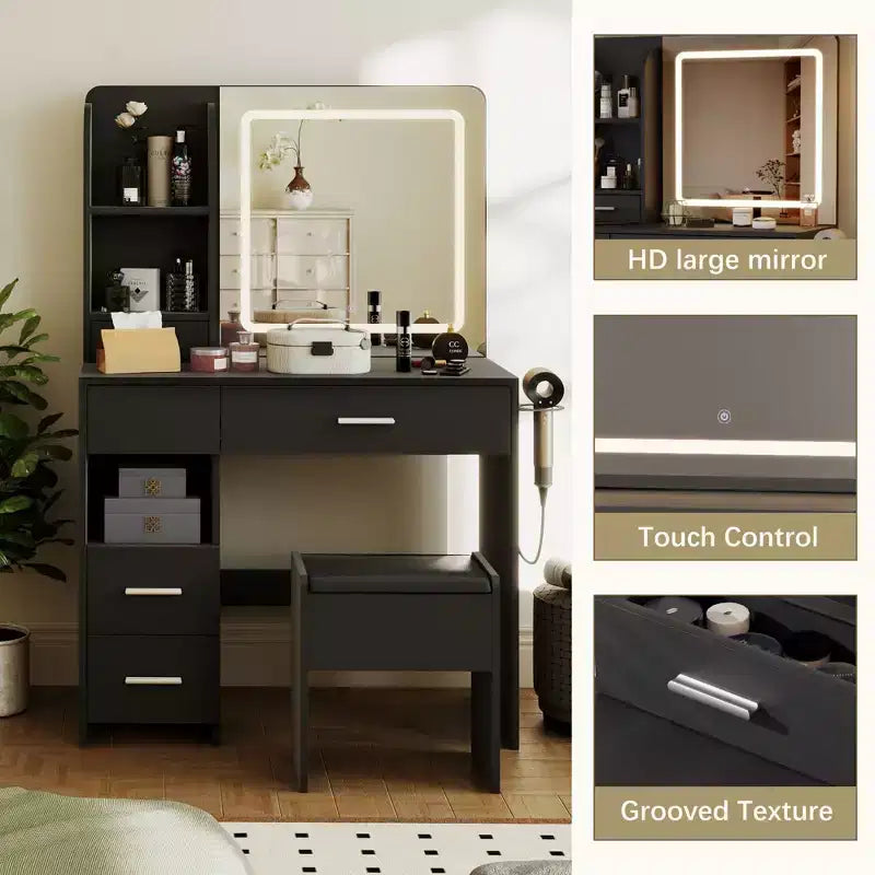 Coiffeuse avec miroir et lumières, coiffeuse à 3 éclairages réglables avec 3 étagères de rangement, 5 grands tiroirs et prise de courant