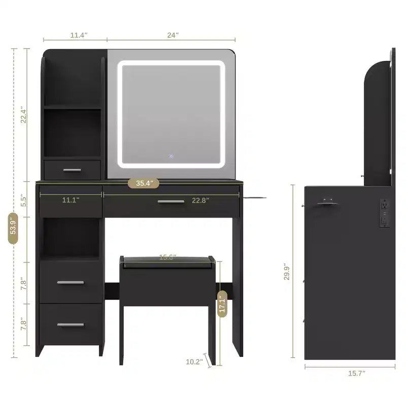 Coiffeuse avec miroir et lumières, coiffeuse à 3 éclairages réglables avec 3 étagères de rangement, 5 grands tiroirs et prise de courant