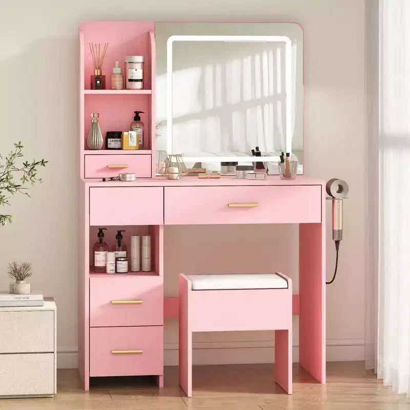 Coiffeuse avec miroir et lumières, coiffeuse à 3 éclairages réglables avec 3 étagères de rangement, 5 grands tiroirs et prise de courant