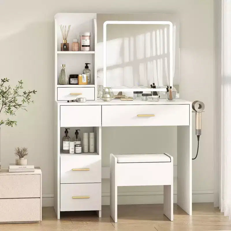 Coiffeuse avec miroir et lumières, coiffeuse à 3 éclairages réglables avec 3 étagères de rangement, 5 grands tiroirs et prise de courant