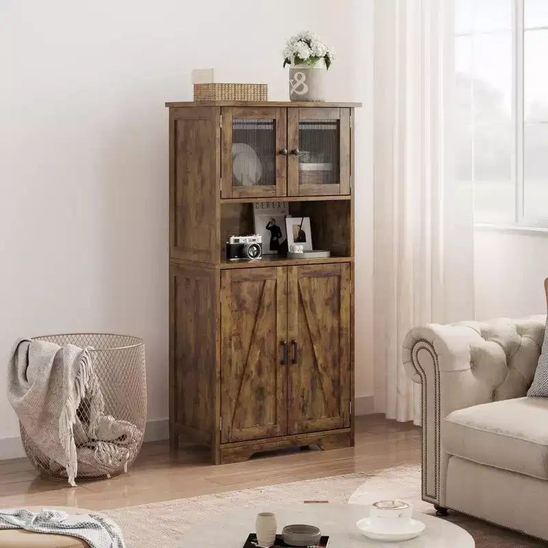Hutch Bar Cabinet with Glass Doors, 54 Tall Pantry Storage Cabinet with Adjustable Shelves for Living Room