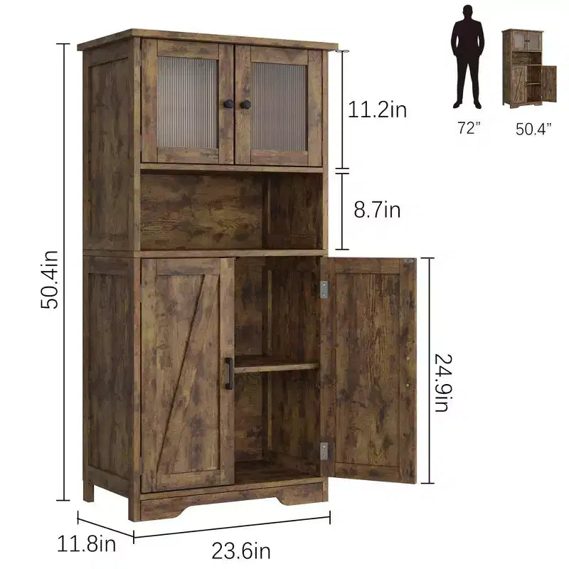 Meuble de Bar avec Portes Vitrées, Armoire de Rangement Haute de 54 po avec Étagères Réglables pour Salon