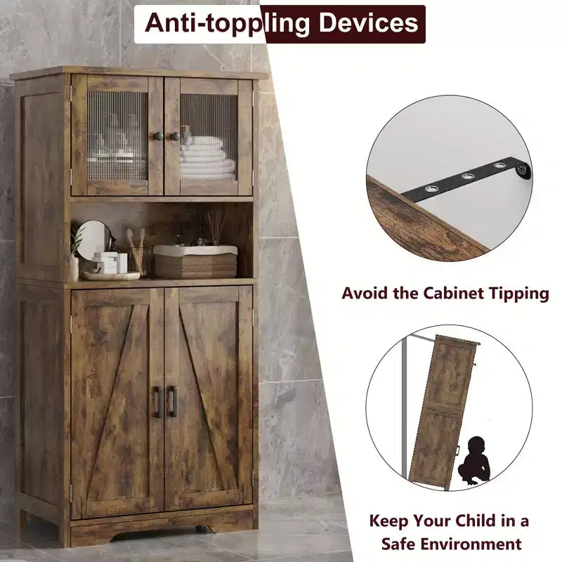 Meuble de Bar avec Portes Vitrées, Armoire de Rangement Haute de 54 po avec Étagères Réglables pour Salon