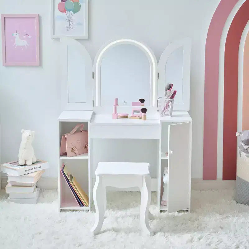 Teamson Kids Deluxe Glow Wooden Vanity Desk with LED Mirror, Storage & Stool, White