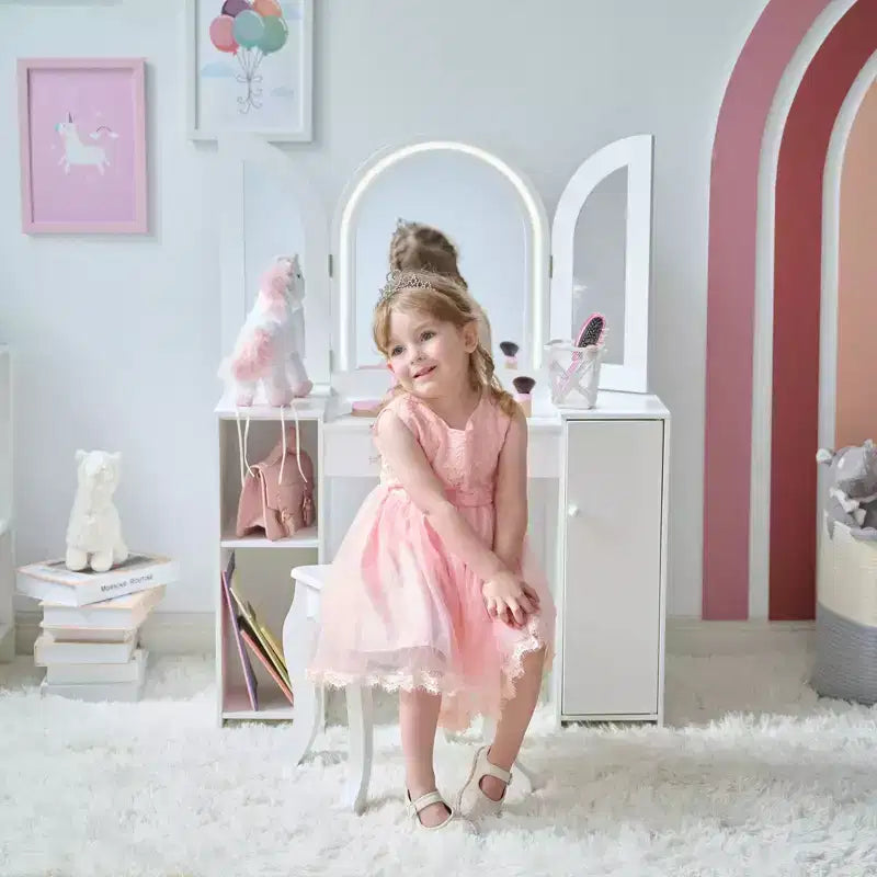 Coiffeuse de luxe en bois Teamson Kids Glow avec miroir LED, rangement et tabouret, blanc
