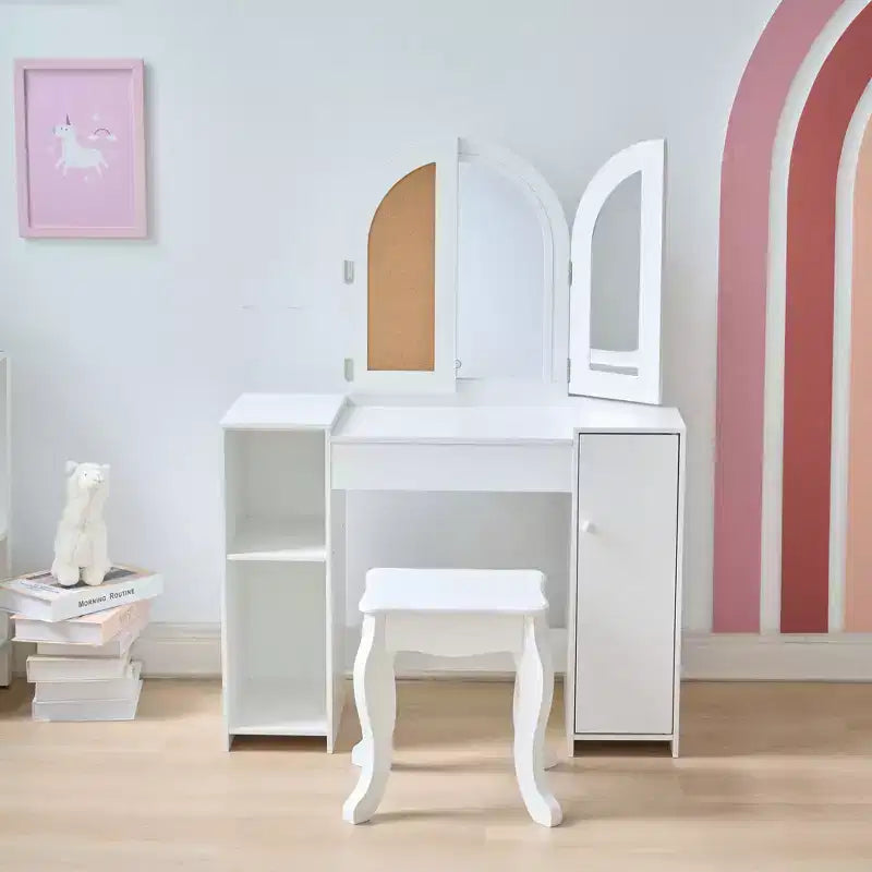 Coiffeuse de luxe en bois Teamson Kids Glow avec miroir LED, rangement et tabouret, blanc