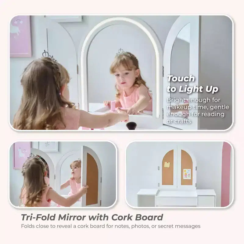 Coiffeuse de luxe en bois Teamson Kids Glow avec miroir LED, rangement et tabouret, blanc