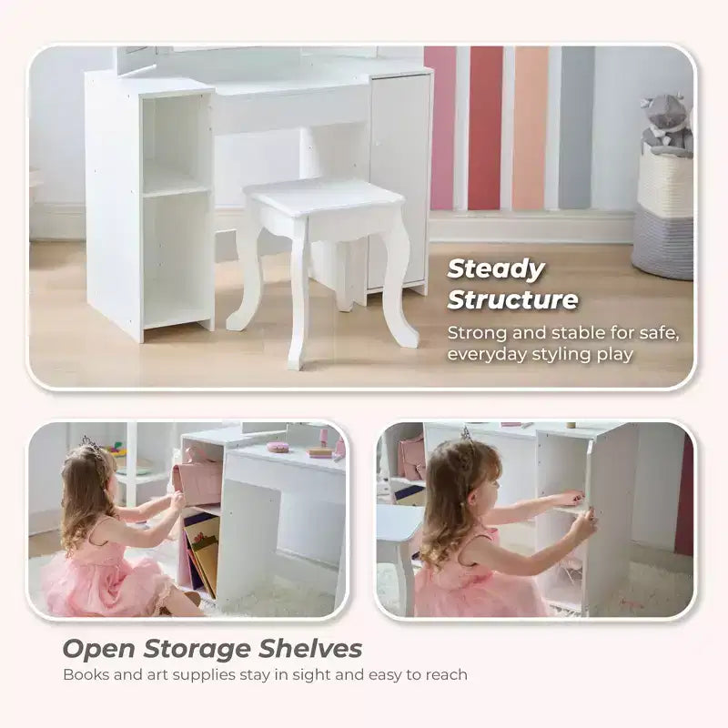 Coiffeuse de luxe en bois Teamson Kids Glow avec miroir LED, rangement et tabouret, blanc