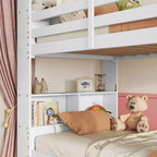 Lit superposé Okak double sur double avec étagères de rangement, lits superposés 2-en-1 en bois d'hévéa pour enfants avec barrières de sécurité et échelle, lit double pour chambre à coucher