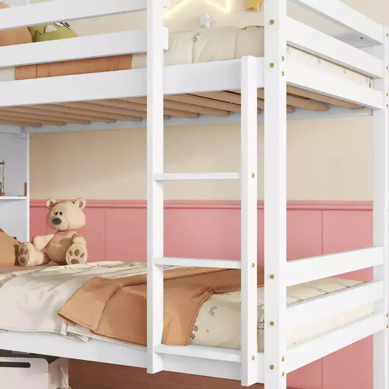 Lit superposé Okak double sur double avec étagères de rangement, lits superposés 2-en-1 en bois d'hévéa pour enfants avec barrières de sécurité et échelle, lit double pour chambre à coucher