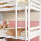 Lit superposé Okak double sur double avec étagères de rangement, lits superposés 2-en-1 en bois d'hévéa pour enfants avec barrières de sécurité et échelle, lit double pour chambre à coucher