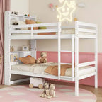 Lit superposé Okak double sur double avec étagères de rangement, lits superposés 2-en-1 en bois d'hévéa pour enfants avec barrières de sécurité et échelle, lit double pour chambre à coucher