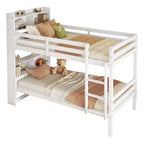 Lit superposé Okak double sur double avec étagères de rangement, lits superposés 2-en-1 en bois d'hévéa pour enfants avec barrières de sécurité et échelle, lit double pour chambre à coucher