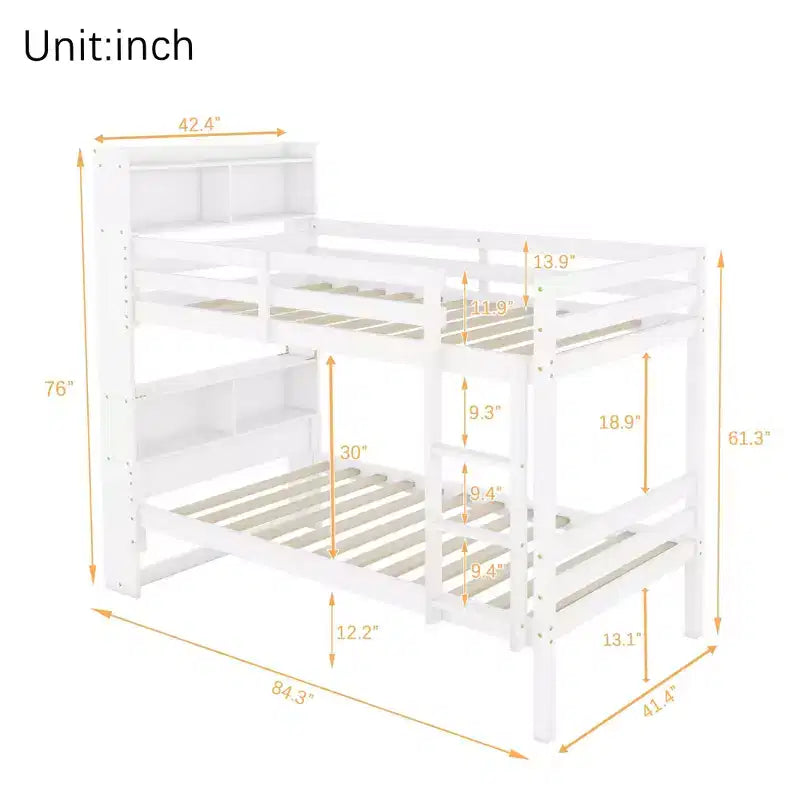Lit superposé Okak double sur double avec étagères de rangement, lits superposés 2-en-1 en bois d'hévéa pour enfants avec barrières de sécurité et échelle, lit double pour chambre à coucher