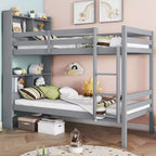 Lit superposé Okak double sur double avec étagères de rangement, lits superposés 2-en-1 en bois d'hévéa pour enfants avec barrières de sécurité et échelle, lit double pour chambre à coucher