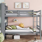 Lit superposé Okak double sur double avec étagères de rangement, lits superposés 2-en-1 en bois d'hévéa pour enfants avec barrières de sécurité et échelle, lit double pour chambre à coucher