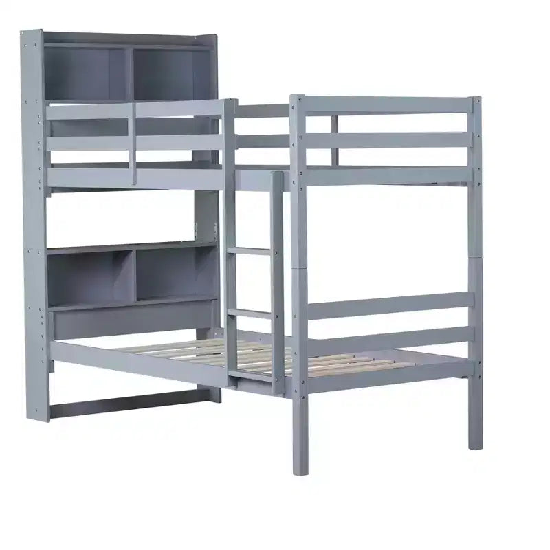 Lit superposé Okak double sur double avec étagères de rangement, lits superposés 2-en-1 en bois d'hévéa pour enfants avec barrières de sécurité et échelle, lit double pour chambre à coucher
