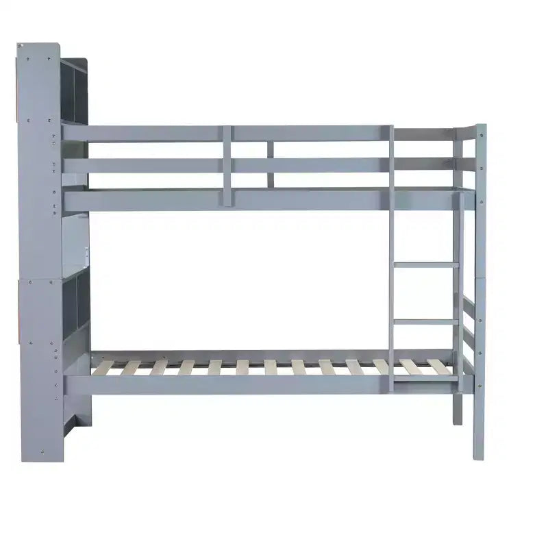 Lit superposé Okak double sur double avec étagères de rangement, lits superposés 2-en-1 en bois d'hévéa pour enfants avec barrières de sécurité et échelle, lit double pour chambre à coucher
