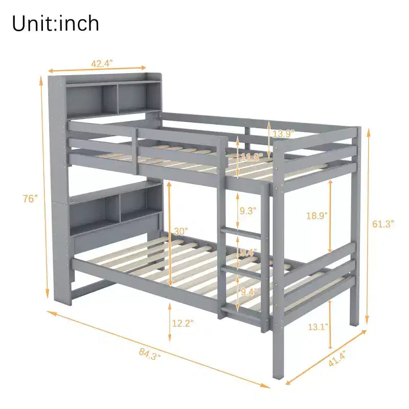 Lit superposé Okak double sur double avec étagères de rangement, lits superposés 2-en-1 en bois d'hévéa pour enfants avec barrières de sécurité et échelle, lit double pour chambre à coucher
