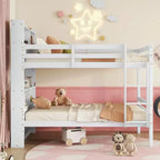 Lit superposé Okak double sur double avec étagères de rangement, lits superposés 2-en-1 en bois d'hévéa pour enfants avec barrières de sécurité et échelle, lit double pour chambre à coucher