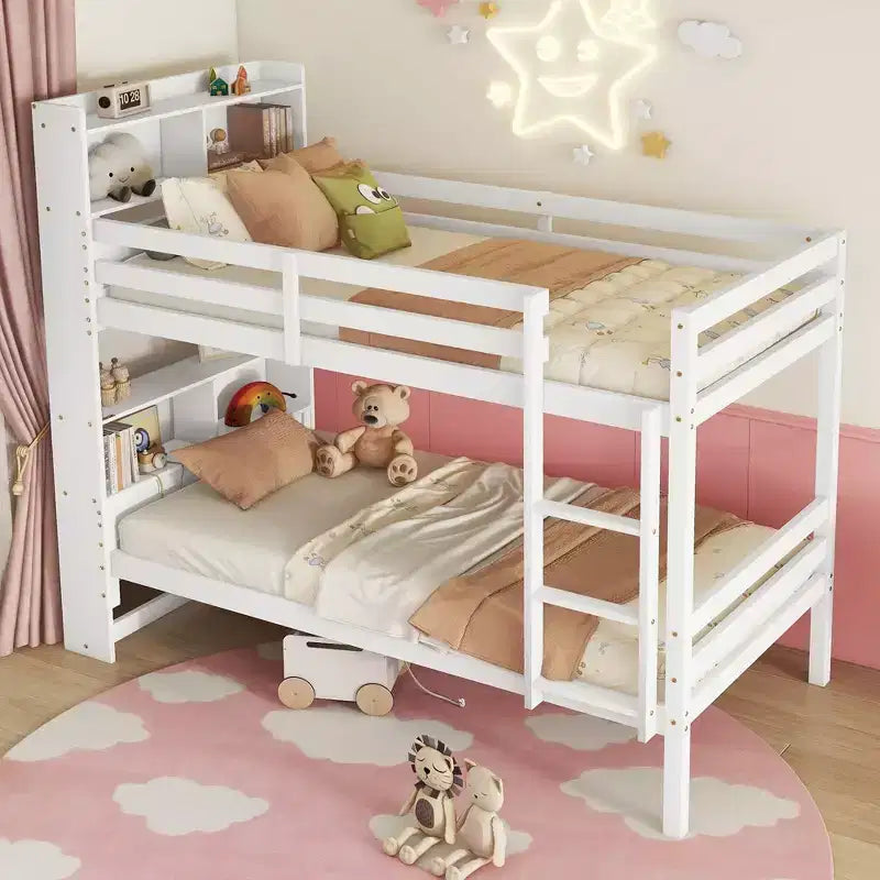 Lit superposé Okak double sur double avec étagères de rangement, lits superposés 2-en-1 en bois d'hévéa pour enfants avec barrières de sécurité et échelle, lit double pour chambre à coucher