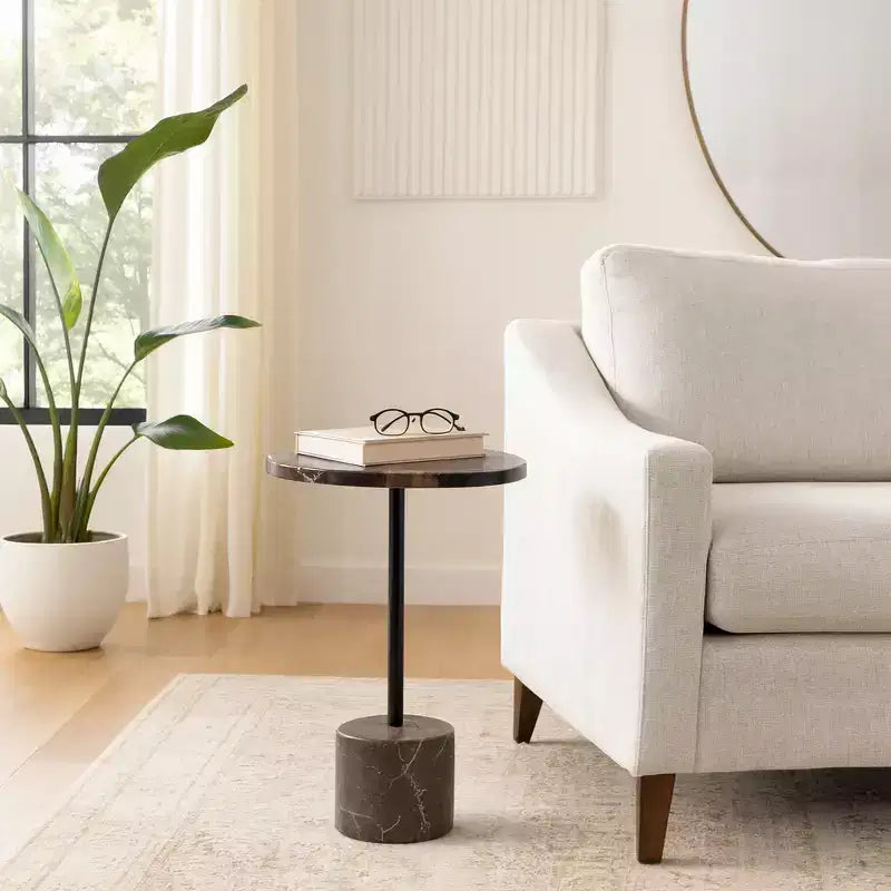 Side Table with Round Marble Top and Decorative Base - Modern Accent Piece for Small Spaces, Room Decor, and Home Decor - 21, Black & Brown
