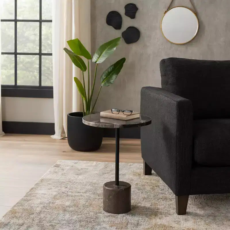 Table d'appoint avec plateau rond en marbre et base décorative - Pièce d'appoint moderne pour les petits espaces, la décoration de pièces et la décoration intérieure - 21, Noir et Marron