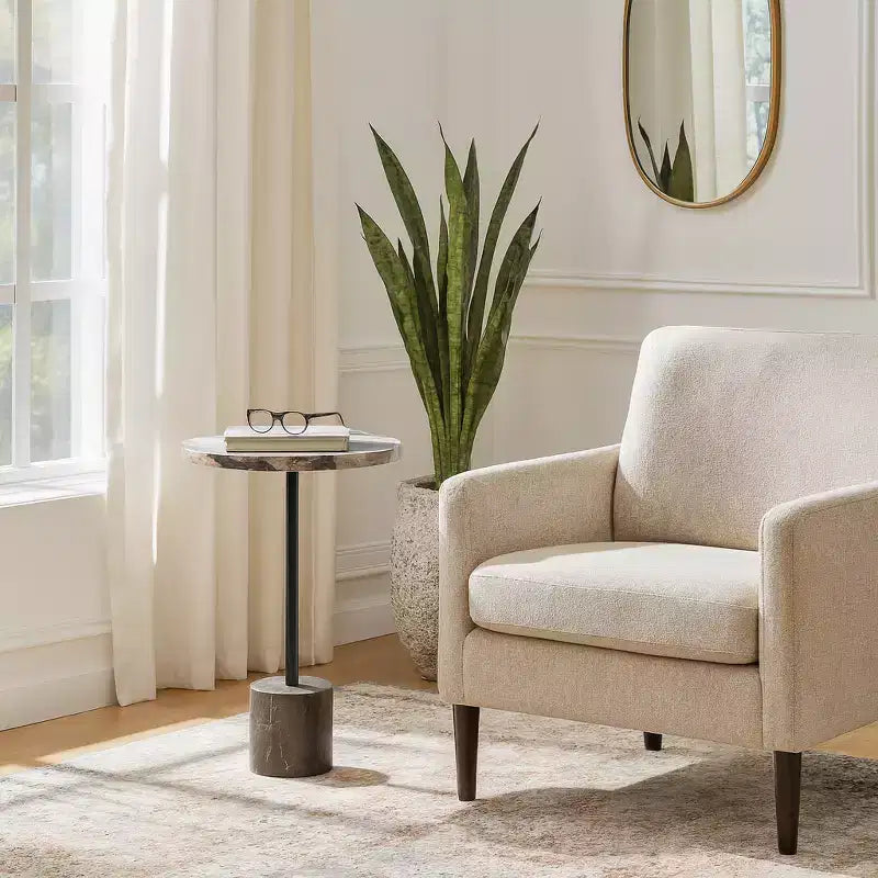 Table d'appoint avec plateau rond en marbre et base décorative - Pièce d'appoint moderne pour les petits espaces, la décoration de pièces et la décoration intérieure - 21, Noir et Marron