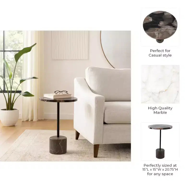 Table d'appoint avec plateau rond en marbre et base décorative - Pièce d'appoint moderne pour les petits espaces, la décoration de pièces et la décoration intérieure - 21, Noir et Marron