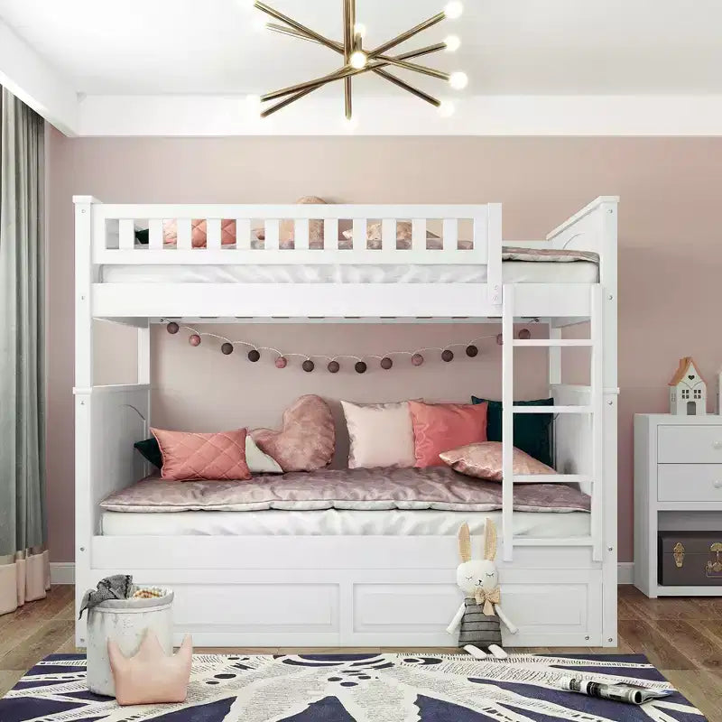 Lit superposé double sur double avec tiroir-lit, cadre de lit superposé en bois double pour enfants et adolescents