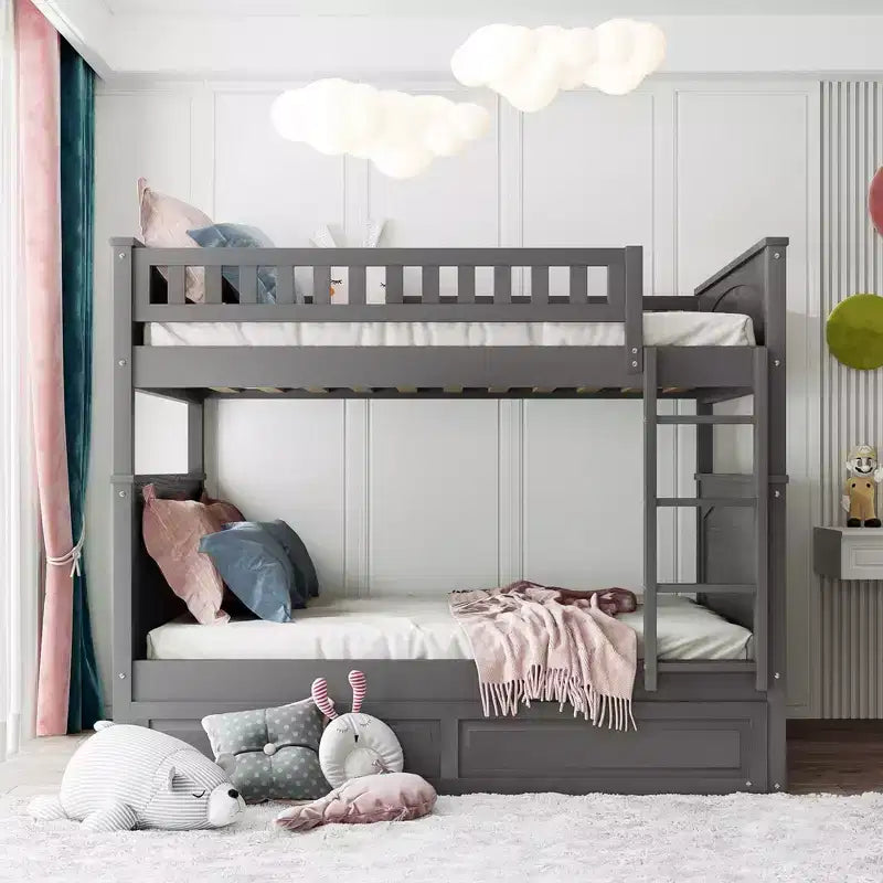 Lit superposé double sur double avec tiroir-lit, cadre de lit superposé en bois double pour enfants et adolescents