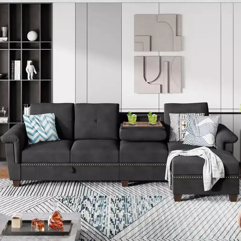 Canapé d'angle modulable Celebalcony, Canapé en L convertible avec rangement, Canapé modulable avec pouf de rangement pour salon, appartement, bureau