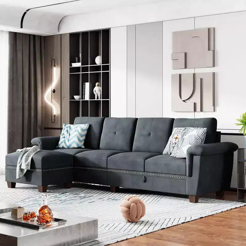 Canapé d'angle modulable Celebalcony, Canapé en L convertible avec rangement, Canapé modulable avec pouf de rangement pour salon, appartement, bureau