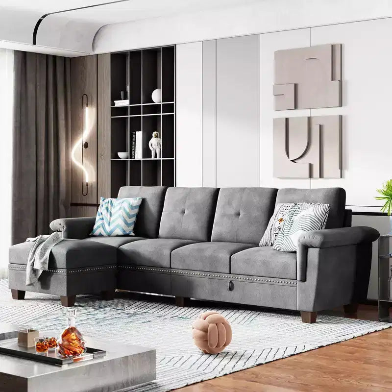 Canapé d'angle modulable Celebalcony, Canapé en L convertible avec rangement, Canapé modulable avec pouf de rangement pour salon, appartement, bureau