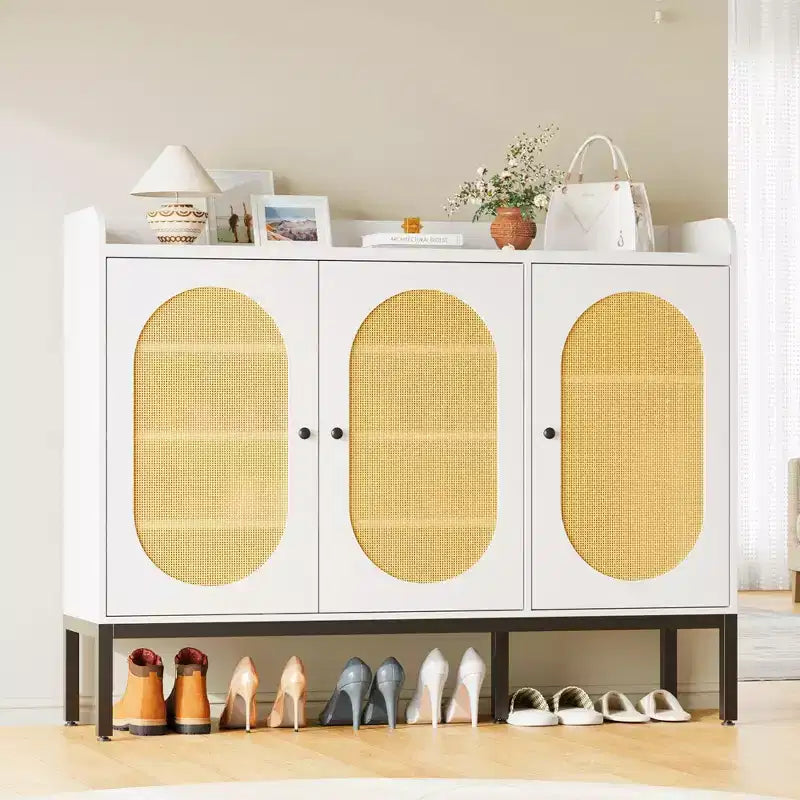 TruAIR White 6-Tier Shoe Cabinet with 3 Rattan Doors (46.1W x 13.9D x 28.7H) - Freestanding Entryway & Living Room Organizer