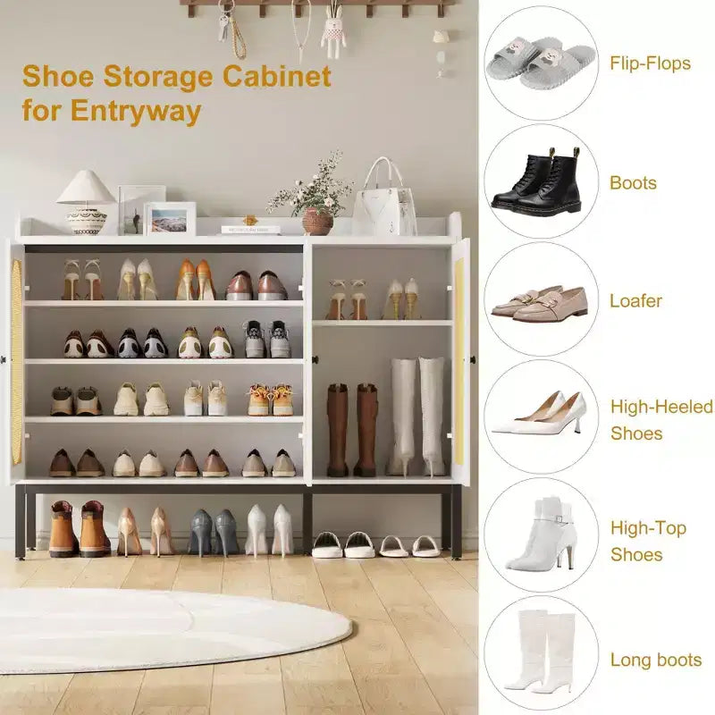 Meuble à chaussures TruAIR blanc à 6 niveaux avec 3 portes en rotin (46,1L x 13,9P x 28,7H) - Organiseur autoportant pour entrée et salon