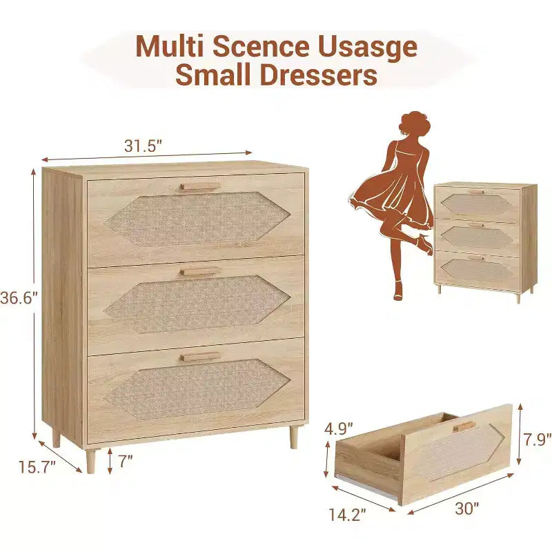 Commode 3 tiroirs en rotin COZONY, commode en chêne rustique avec façades tissées, meuble de rangement moderne pour chambre, salon ou entrée